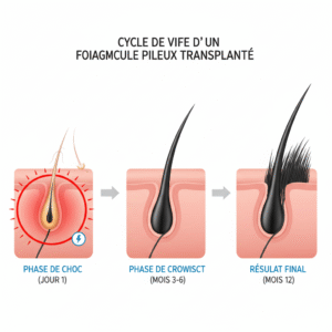 Une infographie montrant le cycle de croissance d'un follicule pileux transplanté, de la phase de repos initiale à la croissance totale.