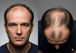 Un montage de deux photos du même patient avec alopécie : une vue frontale et une vue supérieure de la couronne, pour montrer l'étendue de la zone à traiter. images hd de densite accrue cas reels de greffe de cheveux avant apres