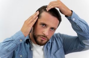 Homme adulte se regardant les cheveux. résultats après une greffe de cheveux