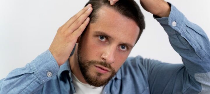 Homme adulte se regardant les greffe de cheveux evolution mois par mois