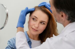 Femme recevant un traitement contre la perte de cheveux dans une clinique- cas réels de greffe de cheveux avant/après