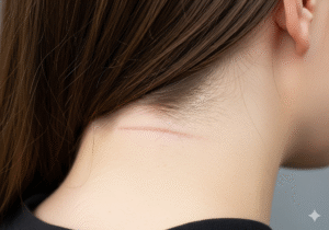 Image de l'arrière du crâne d'un patient, montrant une cicatrice linéaire et fine dans la zone donneuse, qui est facilement couverte par les cheveux environnants.