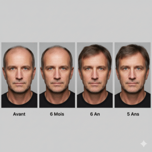 Quatre images montrant le processus d'un patient : avant la greffe, à 6 mois, à un an et à 5 ans, avec des résultats denses et permanents sur la ligne de cheveux.