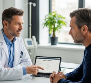 Un chirurgien en greffe de cheveux discutant avec un patient et pointant un formulaire de dossier médical, soulignant l'importance de la communication avant l'opération.