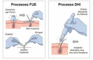 Un diagramme à deux panneaux comparant les phases de la technique DHI (extraction et implantation simultanées) à la FUE (création d'incisions et implantation séparée).