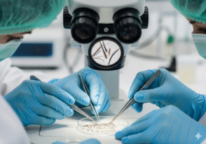 Une équipe de deux techniciens de greffe de cheveux dans une clinique, utilisant des microscopes stéréoscopiques pour séparer les follicules d'une bande de cuir chevelu.