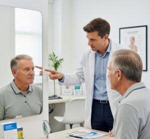 Un chirurgien en greffe de cheveux consultant un patient plus âgé, pointant du doigt une zone du cuir chevelu dans un miroir.