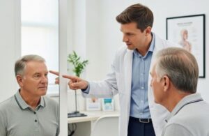 Un chirurgien en greffe de cheveux consultant un patient plus âgé, pointant du doigt une zone du cuir chevelu dans un miroir.
