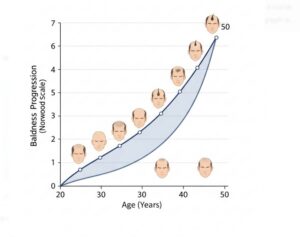 Graphique illustrant l'évolution de la perte de cheveux au fil du temps, montrant l'importance de la stabilité de l'alopécie avant une greffe.