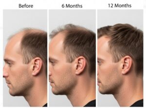 Une série de trois photos d'un homme montrant son état avant la greffe, la densité des cheveux à 6 mois et le résultat final à 12 mois.