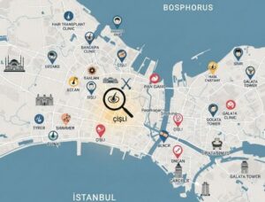Une carte d'Istanbul avec plusieurs icônes représentant des cliniques de greffe de cheveux, mettant en évidence la forte concentration d'options dans la ville.