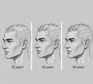 Trois modèles de têtes masculines de profil, représentant différents âges (jeune, d'âge moyen et plus âgé), chacun avec un plan de greffe capillaire tracé.