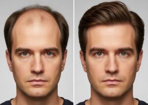 Une photo "avant et après" montrant le résultat d'un homme souffrant de calvitie qui a retrouvé une chevelure dense et naturelle après une greffe de cheveux réussie.