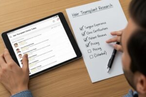 ne personne avec une check-list et une tablette, recherchant des cliniques de greffe de cheveux en Turquie et cochant des critères importants tels que "expérience du chirurgien" et "licences".