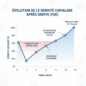 Graphique comparatif du shock loss (chute temporaire) et de la repousse des cheveux après une chirurgie d'implant capilaire sur 12 mois.