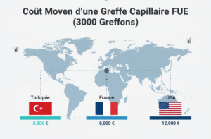 Infographie détaillée du coût moyen d'une greffe de cheveux FUE par pays (Turquie, France, États-Unis).
