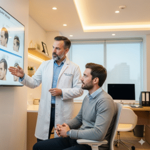Un chirurgien expliquant les instructions à suivre au patient avant son trasplant capillaire, soulignant les conseils médicaux essentiels.