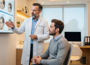 Un chirurgien expliquant les instructions à suivre au patient avant son trasplant capillaire, soulignant les conseils médicaux essentiels.