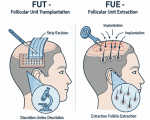 Illustration schématique des différences entre la méthode de greffe de cheveux FUT (extraction de bandelette) et la méthode FUE (extraction unitaire de follicules).