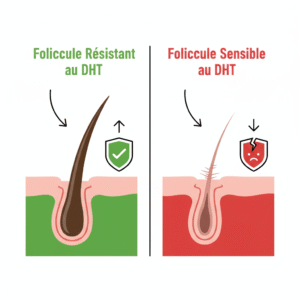  Schéma comparatif de deux follicules pileux, l'un résistant à l'hormone DHT (zone donneuse) et l'autre sensible (zone chauve).