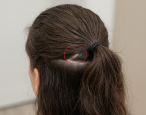 Illustration du profil de patient pour une greffe de cheveux FUE sans rasage, mettant en évidence la nécessité de cheveux longs pour masquer l'intervention.
