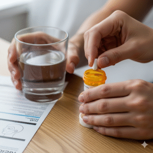 Main d'un patient prenant un médicament antidouleur prescrit, soulignant l'importance de suivre le protocole médical après une greffe de cheveux.
