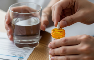 Main d'un patient prenant un médicament antidouleur prescrit, soulignant l'importance de suivre le protocole médical après une greffe de cheveux.
