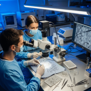 Une équipe médicale triant et préparant les follicules pileux au microscope, soulignant la précision du processus de transplantation.