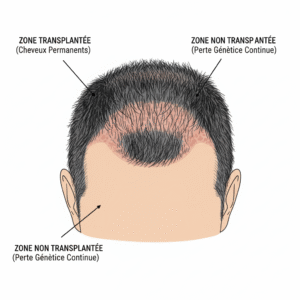 Image symbolique d'une tête avec les zones greffées denses et les zones non greffées montrant une future perte de cheveux.