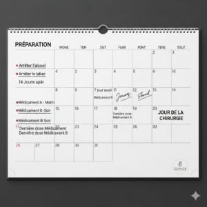 Un calendrier planifiant les étapes de préparation avant une greffe de cheveux, incluant la prise de médicaments et les habitudes à modifier.
