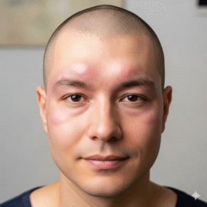 Photo d'un patient montrant un léger gonflement au niveau du front et des yeux, une conséquence courante après l'opération