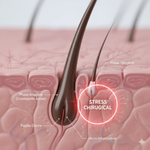 Diagramme illustratif d'un follicule pileux entrant en phase de repos (télogène) par stress ou Shock Loss après une greffe de cheveux FUE.
