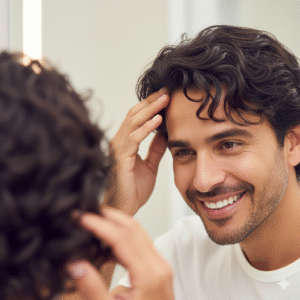 Patient souriant examinant la densité de ses nouveaux cheveux 6 mois après avoir surmonté le shock loss.
