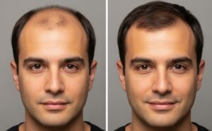 Photographie d'un patient avec un « avant et après » clair d'une greffe de cheveux avec la technique Sapphire FUE, montrant une ligne de cheveux dense et naturelle.