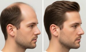 Photo d'un homme de 30 ans, de profil, montrant un avant (zone chauve) et un après (cheveux denses),
