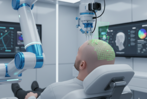 Bras robotique du système ARTAS iX réalisant l'extraction d'unités folliculaires avec haute précision.