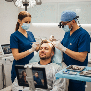 Patient détendu dans une clinique, illustrant que la greffe de cheveux sous anesthésie locale est une procédure confortable et sans douleur.