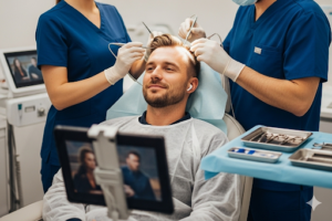 Patient détendu dans une clinique, illustrant que la greffe de cheveux sous anesthésie locale est une procédure confortable et sans douleur.