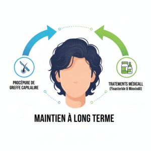 Schéma qui montre la combinaison d'une greffe de cheveux avec des traitements médicaux complémentaires pour maintenir les résultats.