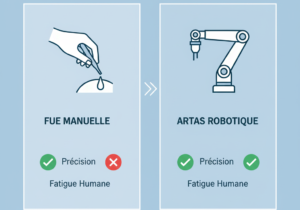Infographie comparant la technique ARTAS (robotique) et la technique FUE manuelle (humaine) en termes de précision et de taux de transept.