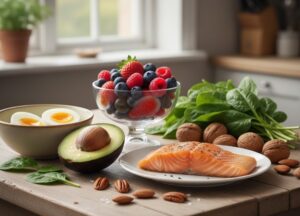 Diète équilibrée avec saumon, noix et légumes pour renforcer le follicule pileux après la greffe. Aliments à privilégier la veille d’un implant capillaire
