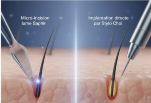 Schéma illustrant les techniques FUE Saphir et DHI pour un **prix final de greffe de cheveux** optimisé