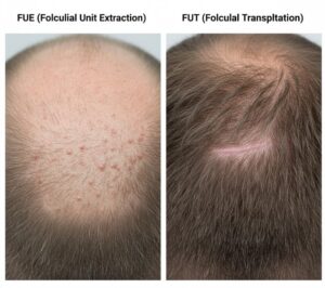 Différence visuelle entre la cicatrisation par micro-points (FUE) et la cicatrice en ligne (FUT) pour l'implant capillaire.