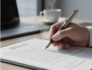 Gros plan d'une main signant un document de prêt ou un contrat de financement, avec un stylo de luxe. Un logo discret de l'UE ou un symbole de sécurité financière est visible en filigrane.
