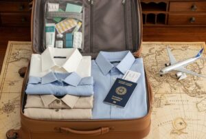 Valise bien préparée avec des chemises boutonnées, passeport et kit médical pour greffe de cheveux à l'étranger.