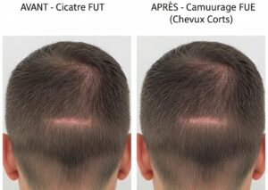 Galerie **Greffe de cheveux FUE sur cicatrice FUT avant après photos** montrant la réparation et le camouflage réussis.