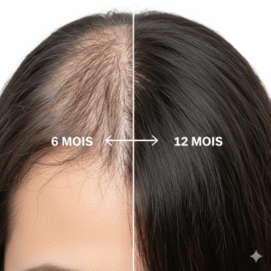 Comparaison visuelle de la densité du cheveu à 6 mois (croissance intermédiaire) et à 12 mois (résultat final optimal) après une greffe FUE.