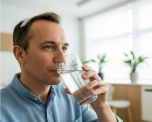 Patient buvant de l'eau à la clinique : l'importance de l'hydratation post-opératoire.