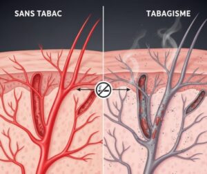 Illustration de l'impact du tabac sur la survie des greffons : mauvaise circulation sanguine causée par le tabagisme comparée à un cuir chevelu sain.