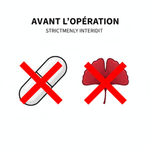 Icône d'avertissement montrant les médicaments à arrêter (aspirine, ibuprofène) et les suppléments à base de plantes avant la chirurgie capillaire.